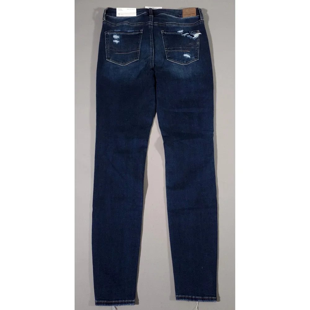 American Eagle Hi-Rise Jegging Womens 10 Long‎ Dark Blue Distressed Shredder New